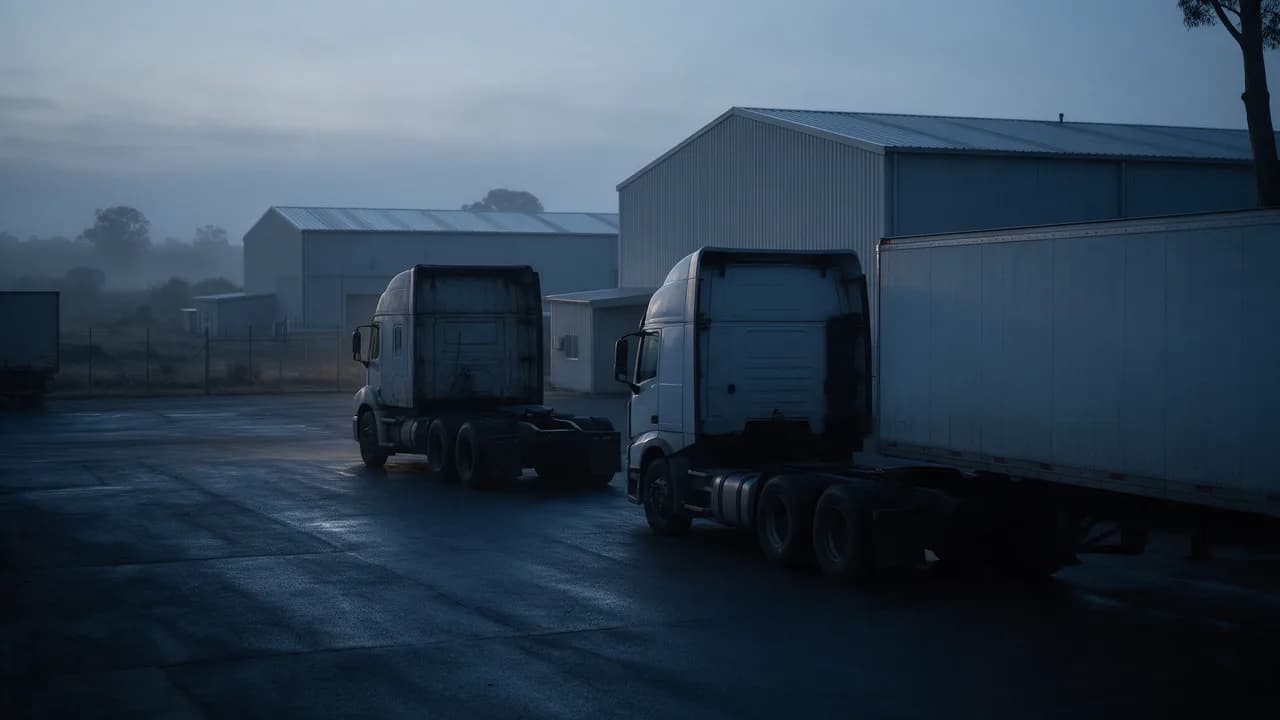 Dois caminhões de carga estacionados em ângulo num pátio de transportadora ao amanhecer, com neblina leve e luz fria.