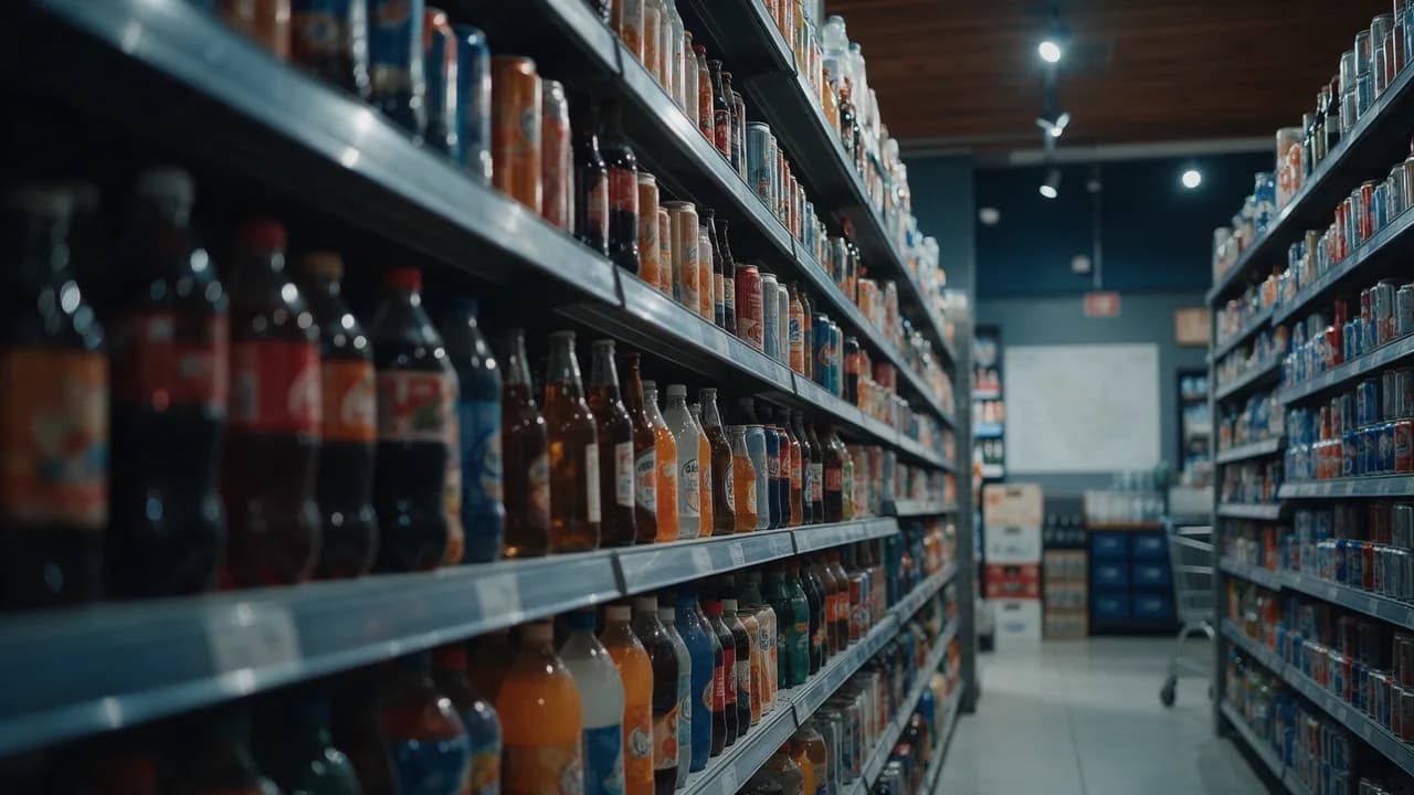 Corredor de bebidas de um supermercado, com prateleiras altas de garrafas e latas desfocadas pela profundidade de campo.