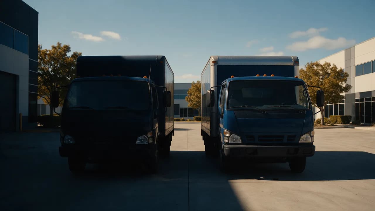 Dois caminhões pequenos de transportadora estacionados lado a lado num pátio, um na sombra e outro na luz, sugerindo uma escolha.