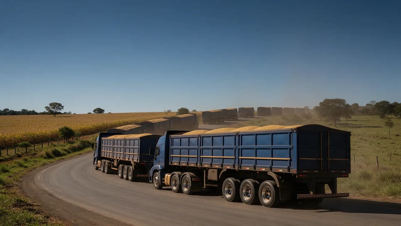 Fila de caminhões graneleiros bitrem numa estrada rural do Paraná em dia de safra, com lavoura ao fundo e poeira leve suspensa.