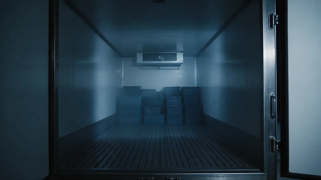 Interior de um baú frigorífico de caminhão visto da porta aberta, com paredes metálicas limpas, caixas plásticas ao fundo e leve vapor frio no ar.