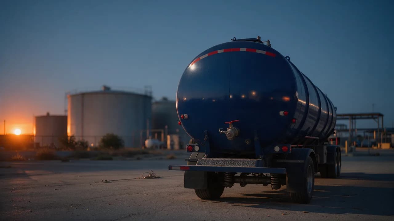 Caminhão-tanque de carga estacionado num pátio industrial ao entardecer, visto de trás em três quartos, com estrutura de tanques desfocada ao fundo.